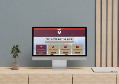 FineWine website mockup on computer on modern office desk smaller