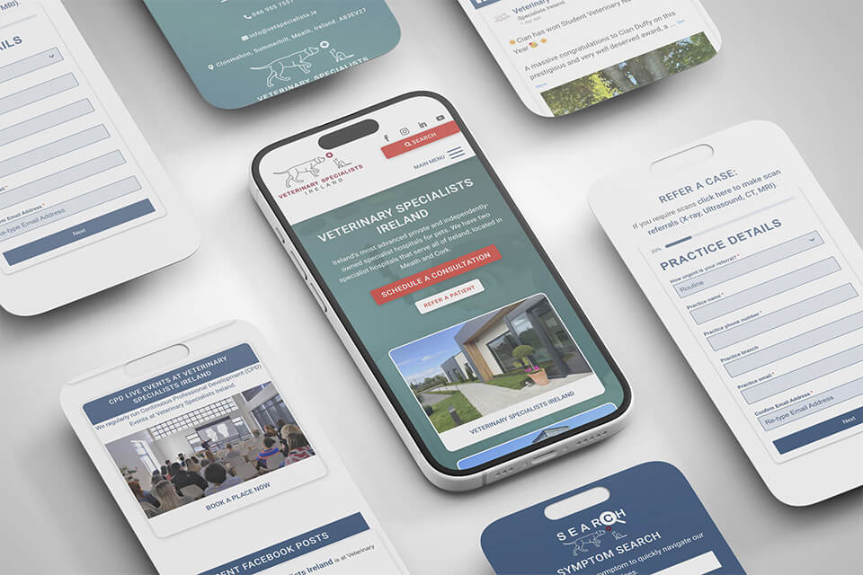 Veterinary Specialists Ireland Website Showcase Flatlay iPhones and mobile screens for web