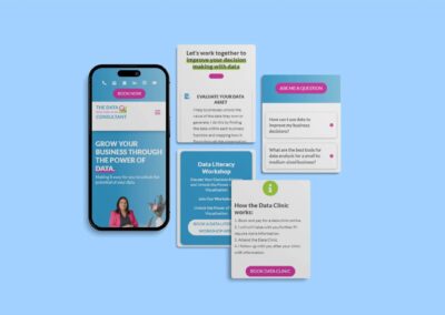 The Data Consultant website mockup on phone with feature callouts