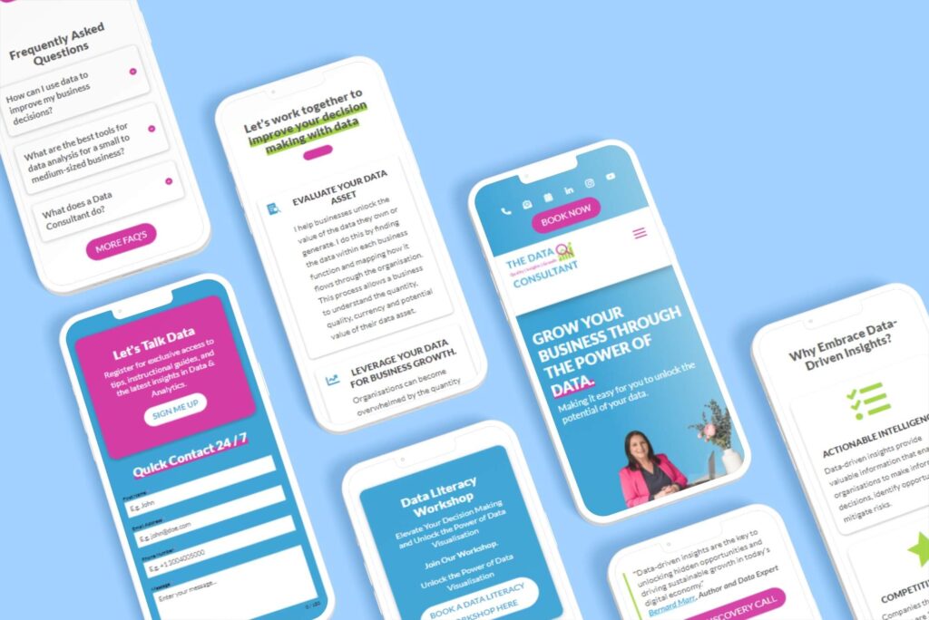 The Data Consultant website mockup on smartphones showing many pages