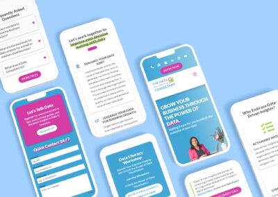 The Data Consultant website mockup on smartphones showing many pages
