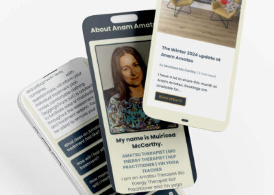 Anamamatsu website design on mobile phone promo with screens on Apple iPhone