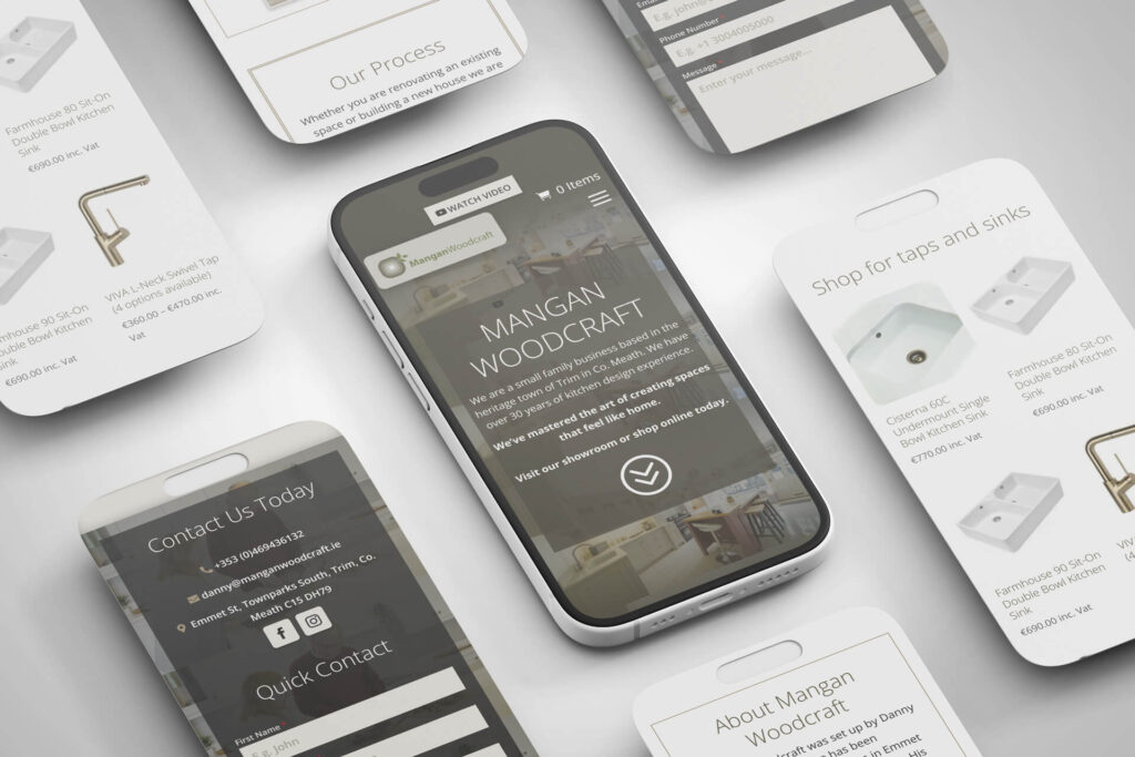 Mangan Woodcraft Website Showcase Flat lay iPhones and mobile screens